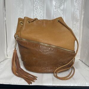 Kelsi Dagger Two-Tone Tan Leather Drawstring Bucket Bag